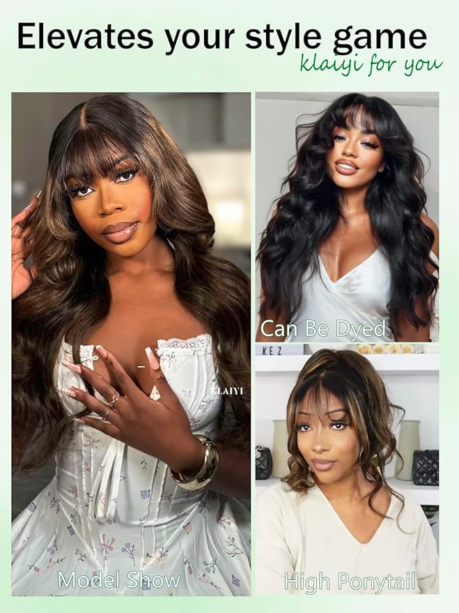 KLAIYI Ombre Brown Loose Body Wave Pre Everything Glueless 13x4 HD Lace Front Human Hair Wig with Natural Bang Highlight Balayage Brown Precut Lace Pre Plucked Bye Bye Knots Drawstring Wig 180% 26Inch