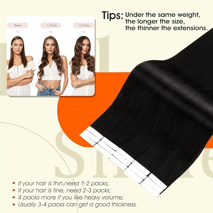 Full Shine Injection Tape in Hair Extensions Human Hair Color 1B Off Black Human Hair Tape in Extensions 24Inch Long Straight Skin Weft 50G 20Pcs At Home Hair Transformation Invisible Extension
