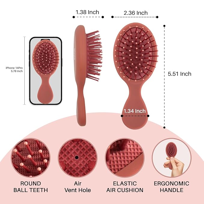 RHOS Mini Hair Brush for Women,Men and Kids-Travel Size Hair Brush for Purse,Pocket,backpack-Small Cushion Paddle Brush with Soft Bristles-Mini Detangler Brush for All Hair Types(1 Pack-Red)