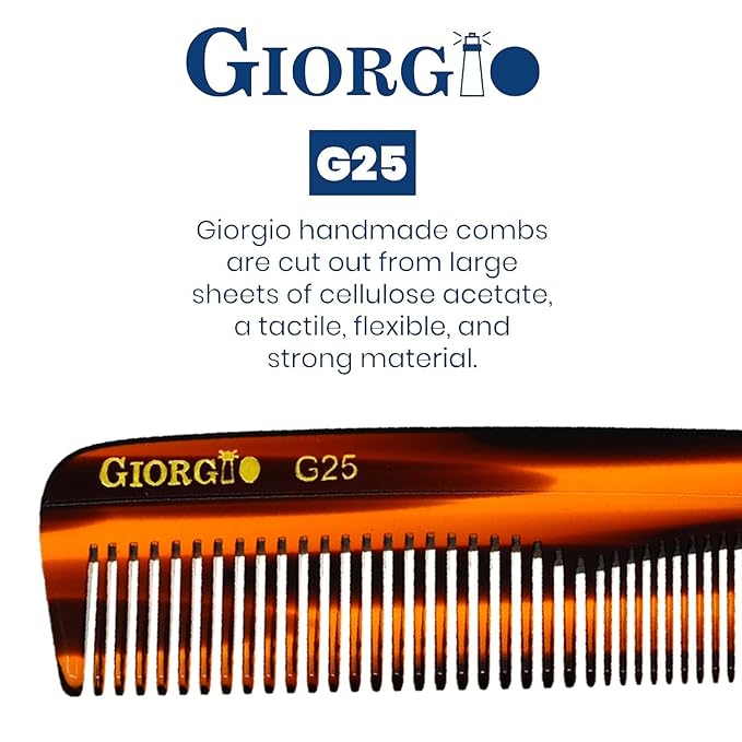 Giorgio G25 FineTooth and WideTooth Pocket Comb - Hair Styling Comb for Men and Women, Handmade Beard Combs for Men, Barber Combs, for Grooming,Saw Cut and Polished (Tortoiseshell)