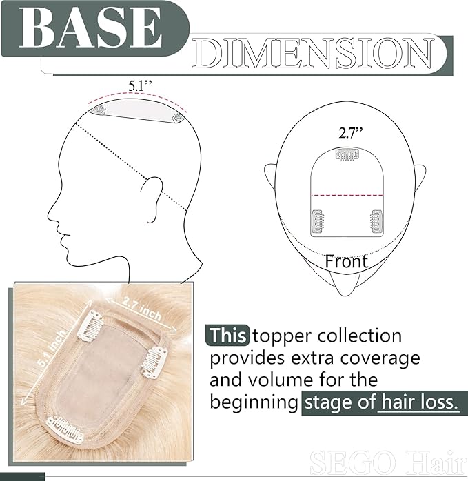 SEGO Hair Toppers for Women Real Human Hair with Thinning, with Front Bangs Clip in Toppers Straight 150% Density Silk Base -16 Inch #18/613 Ash Blonde Mix Bleach Blonde