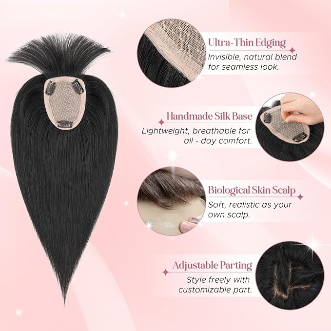 Real Human Hair Toppers for Women 3.54"*4.72" Silky Base 150% Density With Bangs Adjustable Parting Clip-In Topper Hairpieces for Women with Thinning Hair 16 Inches Dark Black