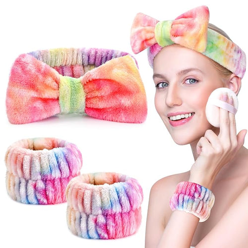 3PCS Spa Headband and Wristbands Set for Women, Soft Microfiber Face Wash Headband with Cute Bow, Elastic Absorbent Wrist Towels, Makeup Skincare Accessories for Facial, Shower, Yoga