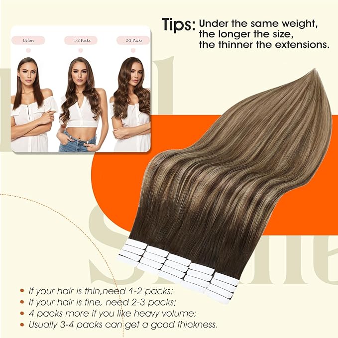 Full Shine Brown Tape in Hair Extensions Human Hair 20Inch Tape in Extensions 2/3/27 Brown Roots Caramel Blonde Human Hair 50G 20Pcs Seamless Skin Weft Human Hair Extensions Double Sided Adhesive Tape
