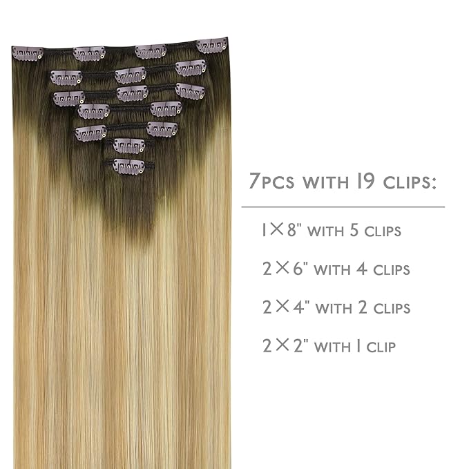 WENNALIFE Clip in Hair Extensions Real Human Hair, 14 Inch 120g 7pcs Human Hair Extensions Clip In Human Hair, Balayage Light Ash Brown to Light White Blonde Hair Extensions Clip In Real Hair Coloured