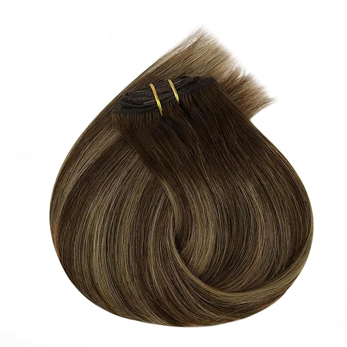 Ve Sunny Brown Clip in Hair Extensions Real Human Hair Balayage Clip in Human Hair Extensions Brown with Caramel Blonde Clip on Hair Extensions for Women 16inch 120g 7pcs