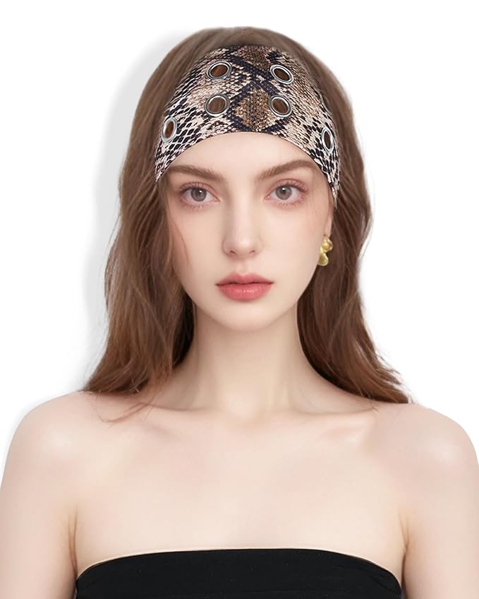 Grommet Headband for Women, Brown Snakeskin 23cm Hollow Out Elastic Hair Band, Eyelets Punk Grunge Stylish Hairband