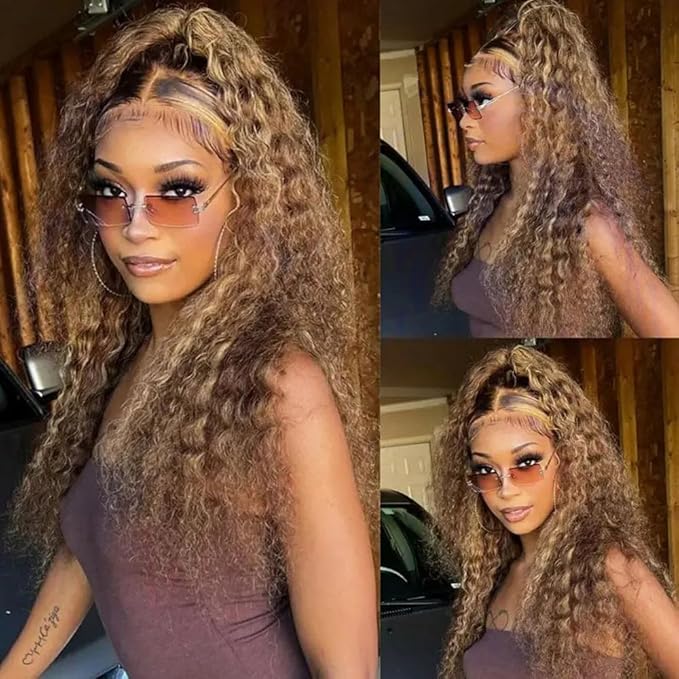 Hidden Strap 360 Water Wave 220% Density Honey Blonde Deep Curly Human Hair wig Ombre Deep Wave 4/27 Highlight Lace Front Wigs Pre Plucked Wet And Wavy Water Wave Wig for Women 20 Inch