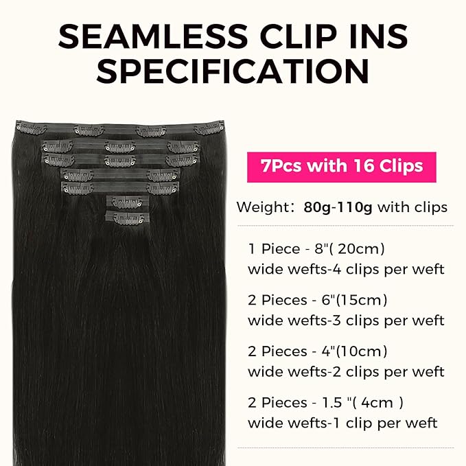 Lashey Seamless Clip in Hair Extensions Real Human Hair, 7pcs 110g 14 Inch Natural Black Straight Clip ins Human Hair Extension for Black Women