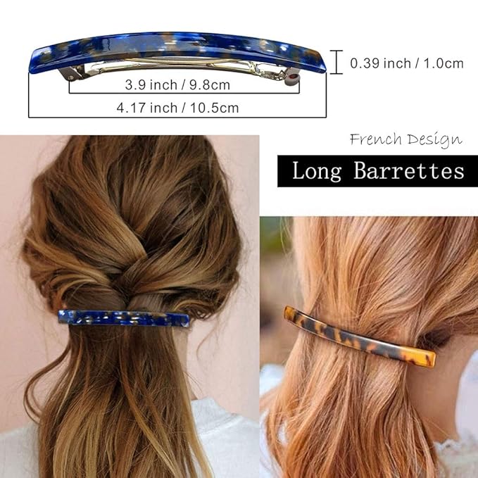 Long French Barrettes for Women Simple Classic Acrylic Resin Hair Clips Tortoise Shell Skinny Large 4 inch No-slip Grip Automatic Clasp Clamp For Thick Hair, 3 Pack