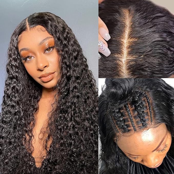 Water Wave Lace Front Wigs Human Hair Brazilian 180% Density Virgin Hair 4X4 Deep Curly Lace Closure Wigs for Black Women Pre Plucked with Baby Hair Natural Color (30 Inch,Water Lace Closure Wigs)