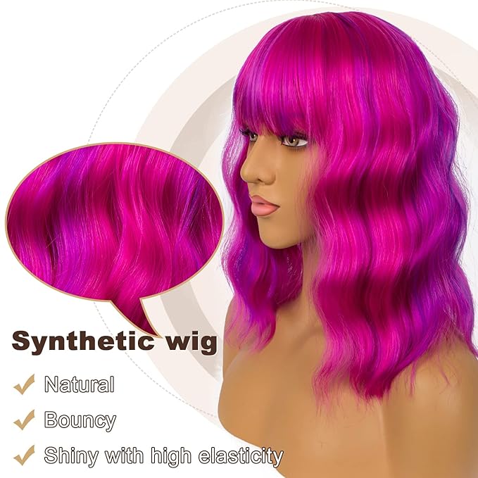 Short Bob Wigs with Bangs for Women Loose Wavy Wig Curly Wavy Shoulder Length Bob Synthetic Cosplay Wig for Girl Colorful Costume Wigs (Rose mixed Purple)