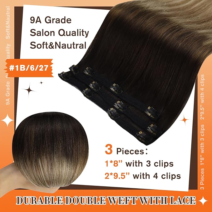 Full Shine Real Hair Clip in Extensions 20 Inch Clip in Hair Extensions Balayage Black Ombre to Blonde Mix Brown Remy Soft Hair Lace Weft Long Straight Hair 3 PCS 60 Grams
