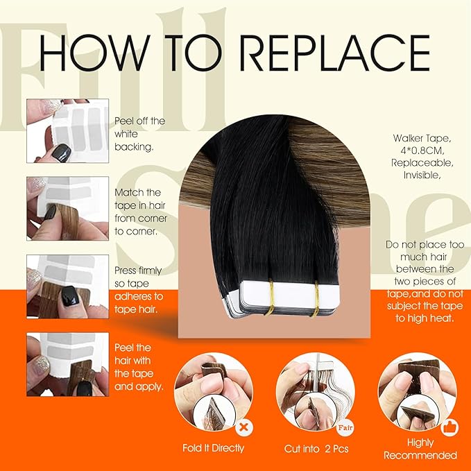 Full Shine Balayage Tape in Hair Extensions Black To Chestnut Brown And Honey Blonde Tape in Extensions for Women 16 Inch Skin Weft Hair Extensions Invisible Tape ins Human Hair 1b/6/27 50G 20Pcs