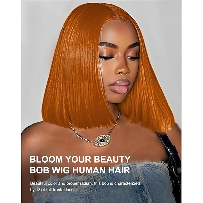 Ginger Orange Bob wig Human Hair 350# Colored Bob Wig 13x4 HD Transparent Lace Frontal Wigs Human Hair Straight Short Bob Wigs for Black Women (12inch, Ginger Bob Wig)