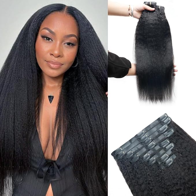 Kinky Straight Clip in Hair Extensions Real Human Hair 2 Pack 240g Seamless Clip in Hair Extensions for Women Full Max with 16Pcs PU Skin Weft 20inch Natural Black