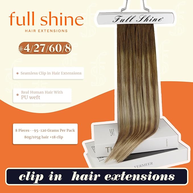 Full Shine Clip in Extensions Real Human Hair Balayage Hair Extensions for Women Medium Brown to Honey Blonde and Platinum Blonde and Light Brown for Short 12 Inch 8 PCS 95 G