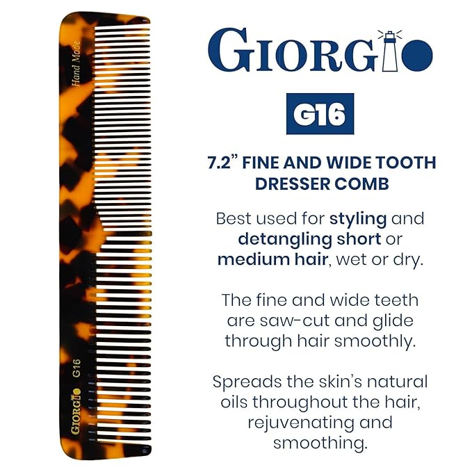 Giorgio G16 Handmade Hair Comb and Detangler - Fine and Wide Tooth Saw Cut Comb for Men and Women's Styling and Detangling