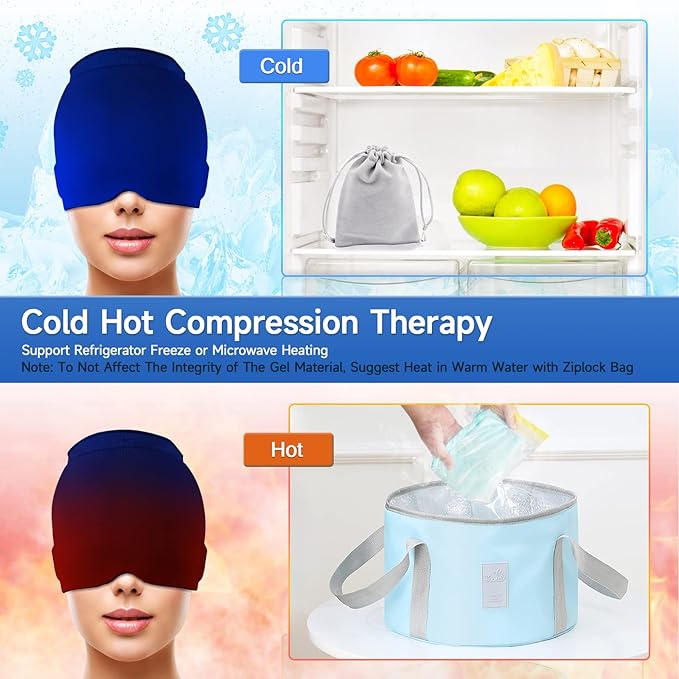 Wearable Ice Cap for Migraines, Headache Relief Hat for Tension Sinus Headache Eye Fatigue Fever Relief, One-Piece Design Fit All Head Ice Pack Cap, Hot Cold Compressed Therapy Head Migraine Hat(Blue)