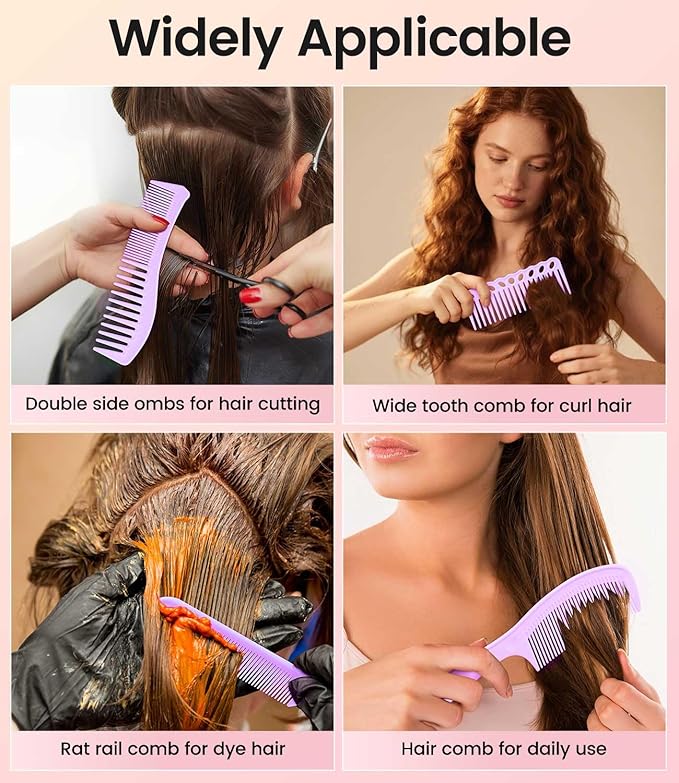 6PCS Professional Hair Comb Set for Women & Men Rat Tail, Wide & Fine Tooth Combs for Curly Hair, Braiding, Barber Styling, Cutting & Parting (Purple)