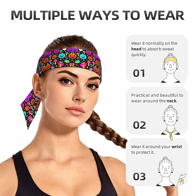 Men Women Sports Sweatbands, Multifunction Long Hair Band for Running Fitness Shower, Novelty Halloween Trippy Mushroom Pumpkin Headwear Hair Accessories