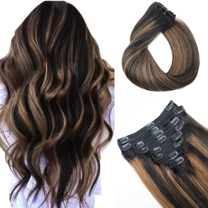 Balayage Clip in Hair Extensions Real Human Hair Straight Remy Human Hair Clip ins for Women, Natural Soft Human Hair, 8Pcs 120g, 24inch #1B/6/1B Balayage Natural Black to Chestnut Brown