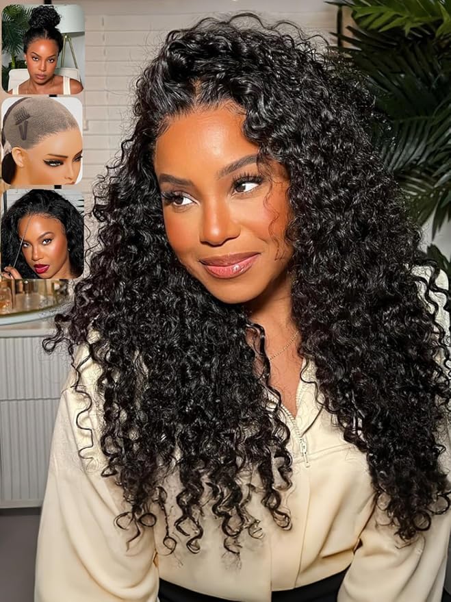KLAIYI Water Wave Pre Cut 360 Full Lace Frontal Glueless Wig Human Hair Drawstring Pre Plucked Bleached Bye Bye Knots Pre Everything Ready to Wear And Go Curly Beginner Wig with Baby Hair 180% 16Inch