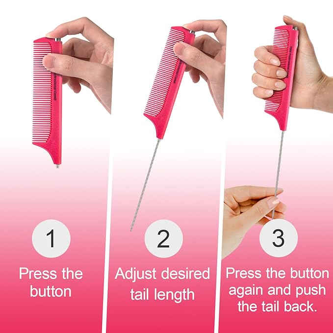Rat Tail Combs for Parting, Protable Retractable Rat Tail Comb, Parting Combs for Hair Stylist, Fine Tooth Teasing Comb Stainless Steel Pin Tail, Easy to Carry (1 Pack-Pink)