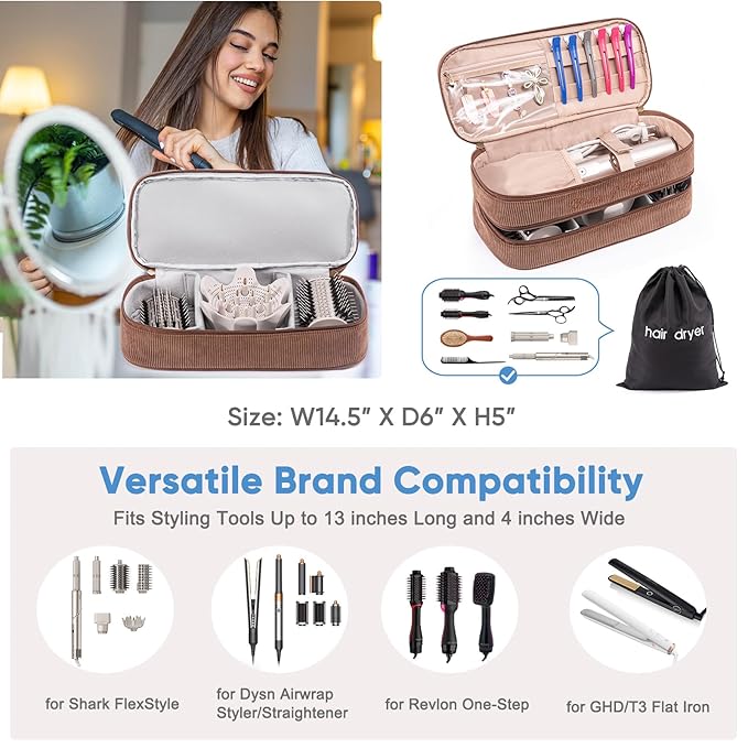 Double-layer Hair Tools Travel Case with Black Hair Dryer Bag with Detachable Divider compatible with Shark FlexStyle/SmoothStyle - Flat Curling Iron Travel Organizer
