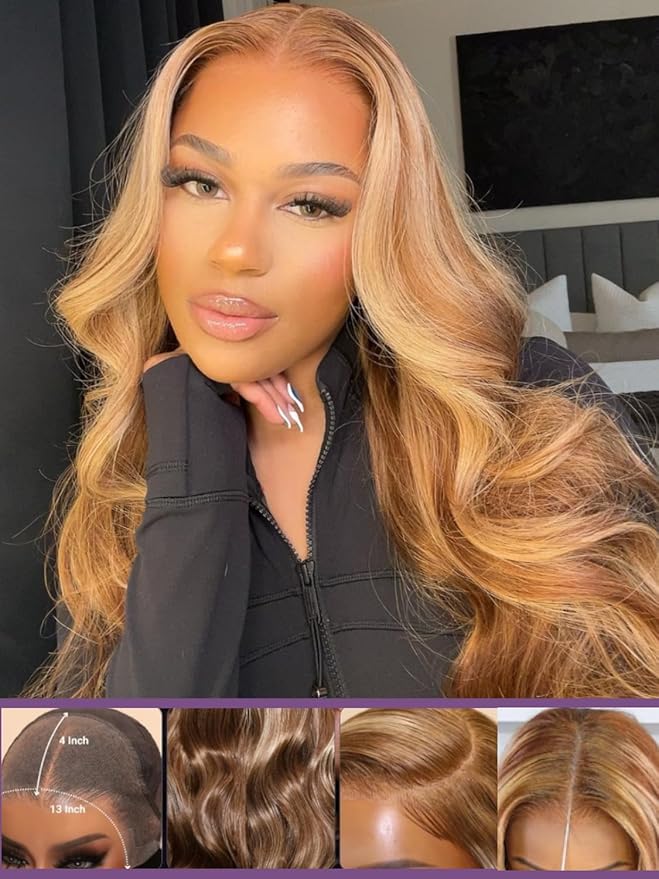 YIROO Pre Everything Wig Honey Blonde 13X4 Pre Cut Lace Front Glueless Human Hair Wigs Body Wave Brown Blonde Highlight Ombre Pre Bleached Invisible Bye Bye Knots Wig Pre Plucked 150% Density 26Inch