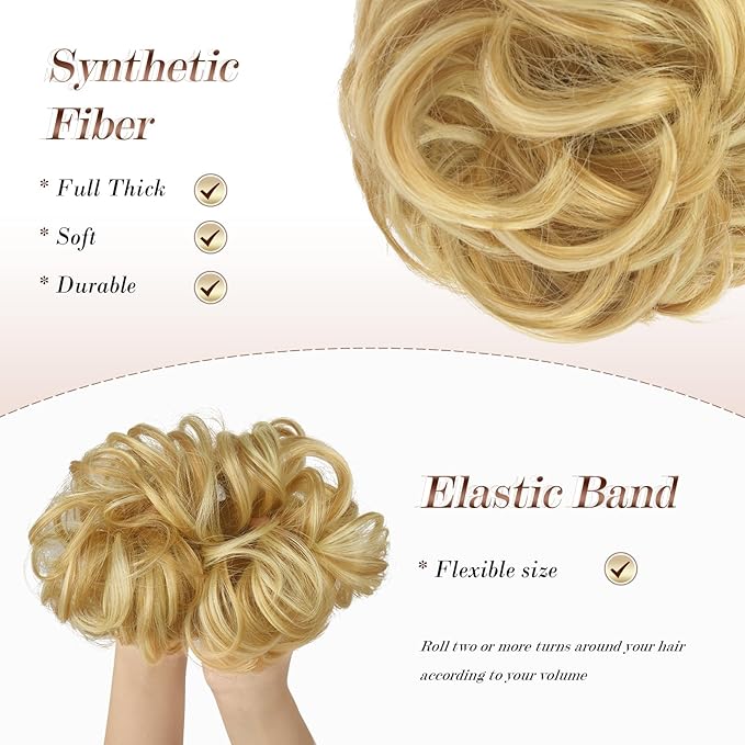 FESHFEN Messy Bun Hair Piece - Elastic Wavy Curly Hair Bun Scrunchies Extensions Synthetic Chignon Hairpieces for Women Girls, Strawberry Blonde & Bleach Blonde 1.5 oz