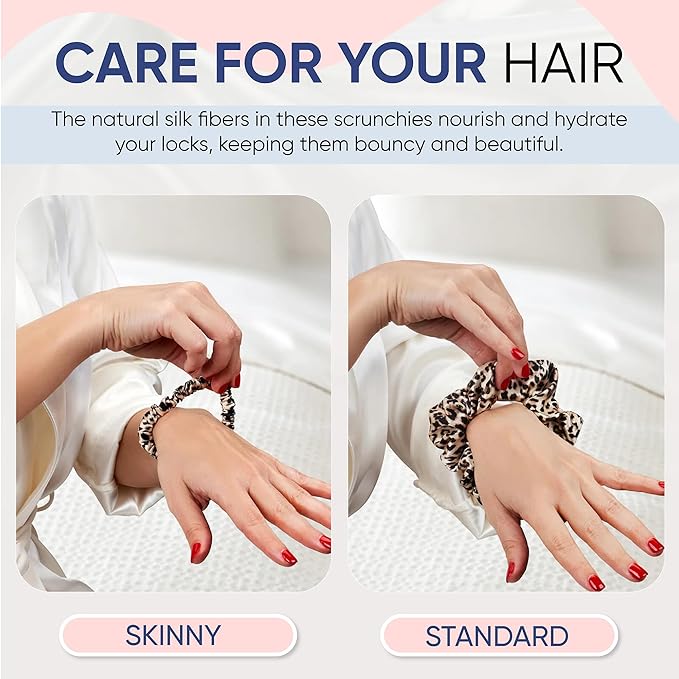 Blissy Silk Scrunchies (3 Pack) - 100% Pure Mulberry Silk - 22 Momme 6A High-Grade Fibers Scrunchie for Straight & Curly Hair (Leopard, Skinny)