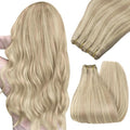 YoungSee 130G Blonde Weft Hair Extensions Highlight Warm Ash Blond Mix Bleach Blonde Hair Weft Extensions Long Straight Human Hair Extensions Sew in for Fuller Look 24 Inch