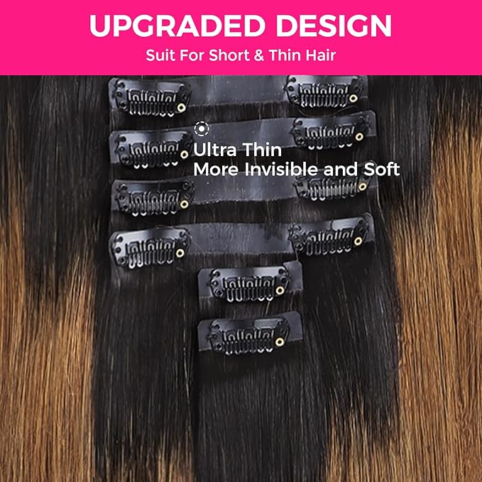 Lashey Seamless Clip in Hair Extensions Human Hair 150g 9pcs 20 Inch Ombre Natural Black to Medium Auburn Straight Clip in Hair Extensions for Women Real Hair