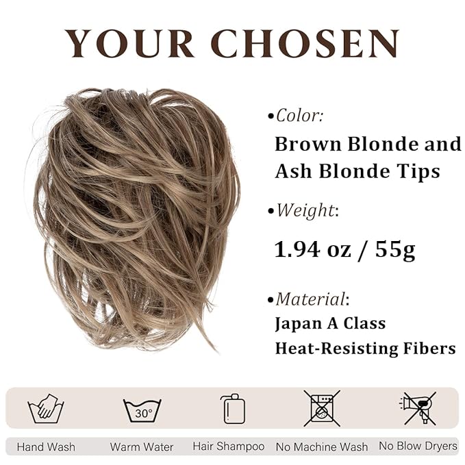 SARLA Messy Hair Bun Hair Pieces Curly Synthetic Updo Fake Scrunchies Ponytail Extension for Women Brunette and Ash Blonde Tips 1PCS