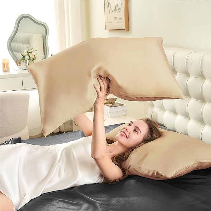 INFIIXSO Mulberry Silk Pillowcase for Hair and Skin, Silk Pillow Cases Queen Size Set of 2 with Hidden Zipper 20x30 Inches, Smooth and Soft Cooling Pillow Cases for Hot Sleepers(Champagne, 2 Pack)