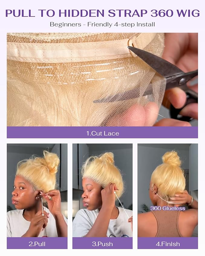 Hidden Strap Body Wave 360 613 Lace Front Wig Human Hair Glueless Wigs Human hair Pre Plucked Pre Bleached 180% Density Blonde Wig With Drawstring HD Full Lace Human Hair Wigs 26Inch