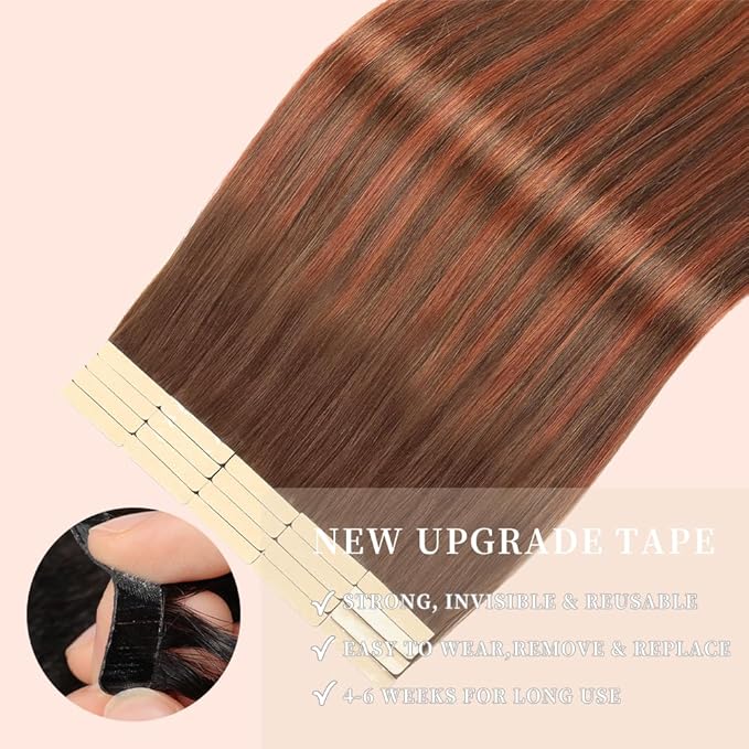 Human Hair Tape in Extensions Chocolate Brown to Auburn Brown 22 Inch 20pcs Seamless Skin Weft Tape in Hair Extensions Double Sided Invisible Tape in Hair Extensions Human Hair (#4/33/4,22 Inch)