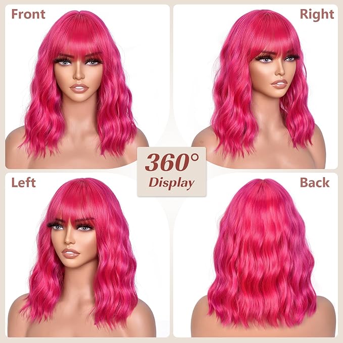 Bob Wig With Bangs Wave Wigs for Women 14 Inch Short Loose Wavy Heat Resistant Synthetic Wig Shoulder Length Hair for Daily and Cospaly Party Use (Rose mixed Purple)