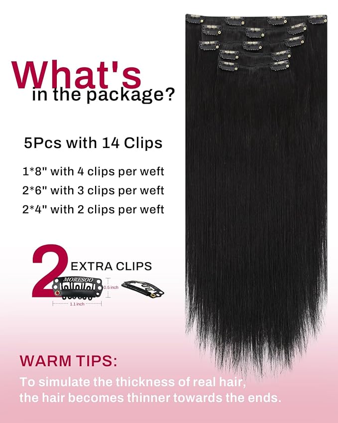 Moresoo Natural Black Clip in Hair Extensions Straight Natural Black Human Hair Clip in Extensions Remy Human Hair Long for Women Double Weft 80g/5pcs 16 inch