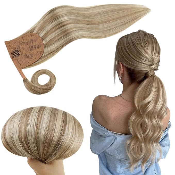 RUNATURE Real Hair Ponytail Extension, Human Hair Ponytail Extension for Women, Wrap Around Ponytail with Magic Paste, 16 Inch 80g #8P60 Ash Brown Highlight Platinum Blonde