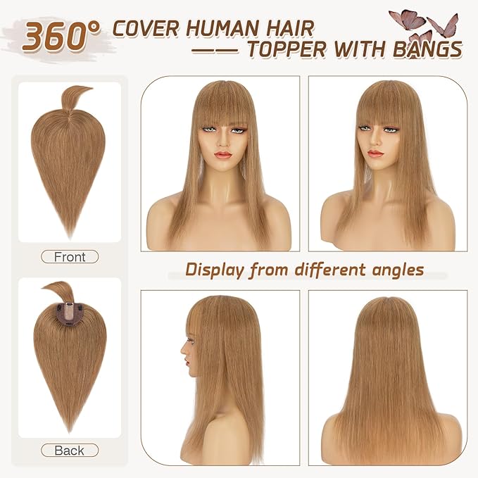 Rich Choices Real Human Hair Topper for Women With Bang - 100% Remy Human Hair for Thinning Hair, Clip in Silk Base, 16 Inch #6 Light Brown