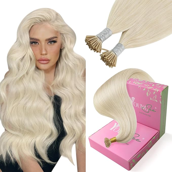 YoungSee I Tip Hair Extensions Human Hair Blonde Itip Human Hair Extensions Platinum Blonde 14 Inch 80s 50g Itip Hair Extension for Women I-Tip Extension Natural Looking