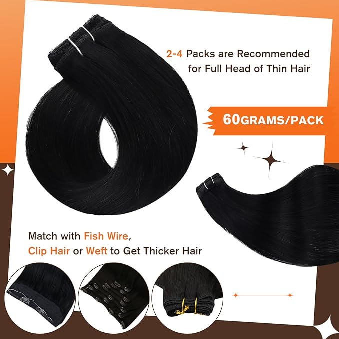 Full Shine 20 Inch Off Black Hair Clip in Extensions Black Hair Extensions Clip in Invisible Hair Extension Human Hair Straight for Long Hair 3 Pieces 60 Grams