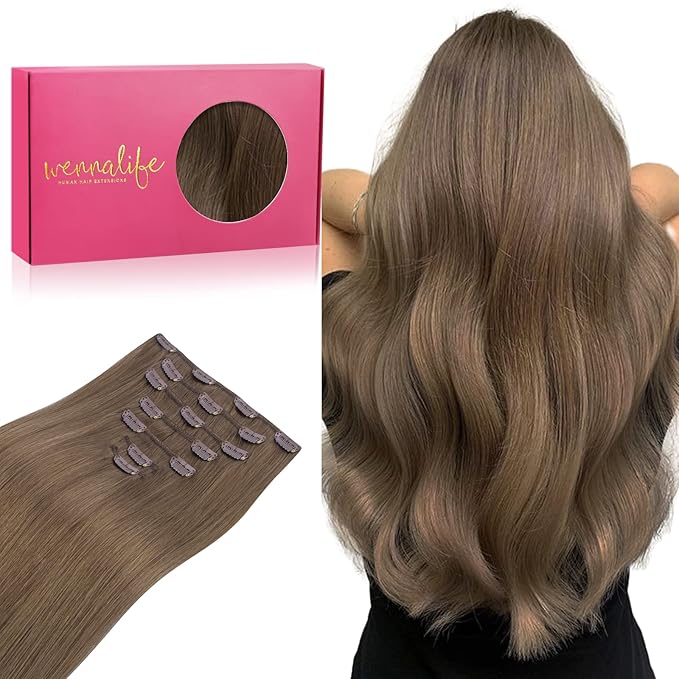 WENNALIFE Clip in Hair Extensions Real Human Hair, 14 Inch 120g 7pcs Remy Hair, Light Ash Brown Straight Natural Coloured Extensiones De Cabello Humano Con Clip Ins