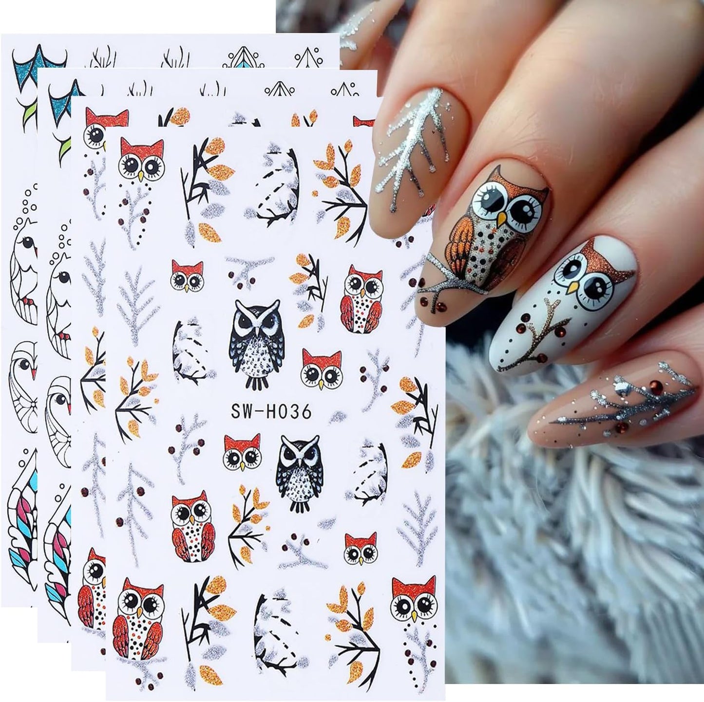4pcs Christmas Nails Stickers Silver Glitter Leaves Line Owl Nail Art Design 3D Self-Adhesive Nail Decals Xmas Nail Sticker DIY Autumn Winter Manicure Art Supplies Decoration Accessories