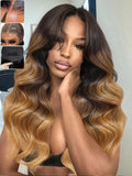 KLAIYI Ombre Highlight Blonde Loose Wave Pre Everything Glueless 13x4 Lace Front Wigs Human Hair Drawstring Balayage Brown Pre Cut Pre Plucked Bleached Ready to Wear and Go Wig with Dark Roots 16Inch