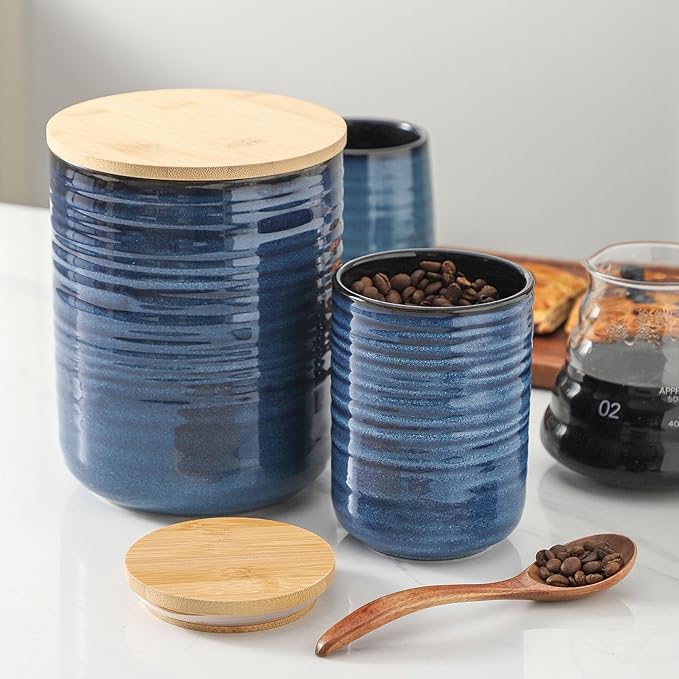 Hasense Ceramic Canister with Airtight Lid for Kitchen Counter, 80 Ounce Large Ceramic Food Storage Jar with Seal Ring for Serving Flour, Grain, Cereal, Pasta, Coffee, Sugar, Tea and Spice, Blue