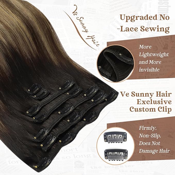 Ve Sunny Clip in Hair Extensions Real Human Hair Black Ombre Clip in Human Hair Extensions Black with Brown Blonde Balayage Hair Extensions Clip ins Short Hair 12Inch 80g