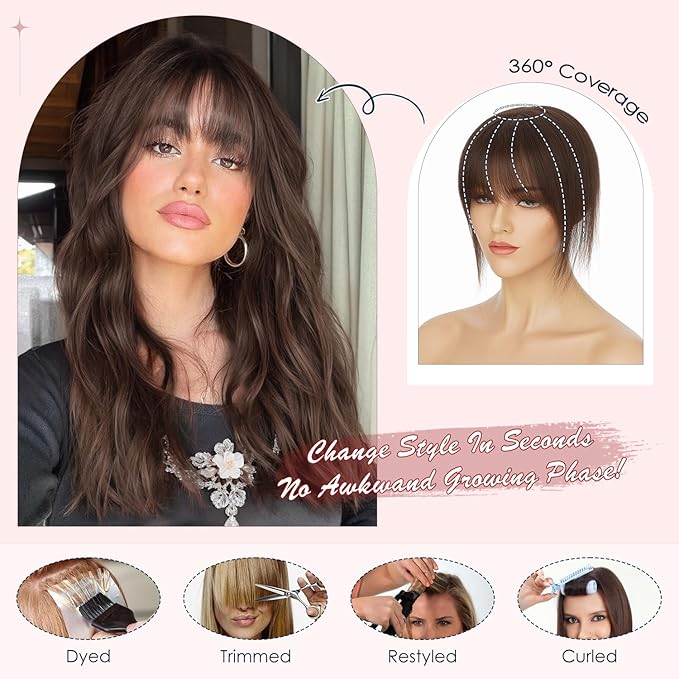 Human Hair Topper with Bangs for Women, 360° Cover Clip in Fringe Bangs Hair Toppers Hair Piece Dark Brown-3.15x4.33 Hand-tied Base (Dark Brown)